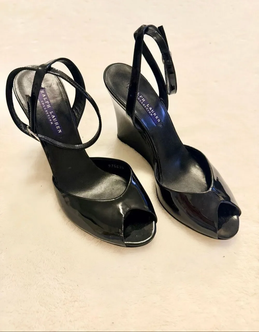 Ralph Lauren Collection Black Patent Leather Wedge Peep Toe Heels Size 7